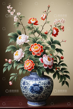 青花瓷瓶插盛放花卉