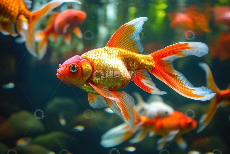 高清大图下载【趣麦麦图】鱼缸里游水的一群金鱼