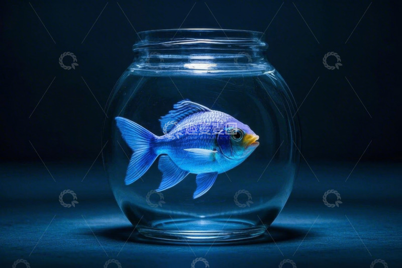 高清大图下载【趣麦麦图】玻璃鱼缸内的蓝色观赏鱼