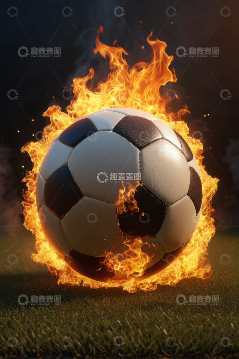 高清大图下载【趣麦麦图】燃烧的足球在绿茵场上