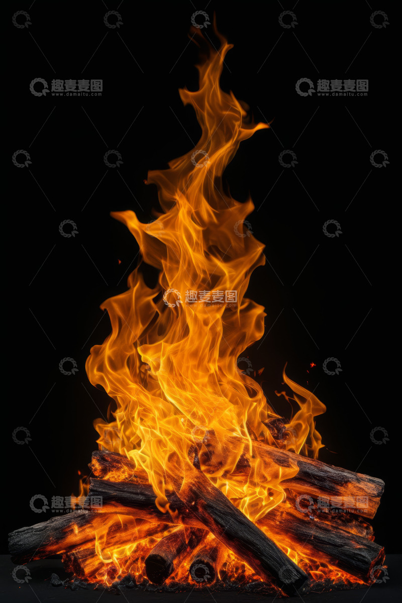 高清大图下载【趣麦麦图】黑色背景下燃烧的篝火