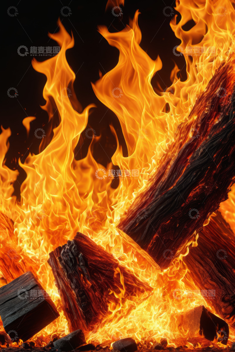 高清大图下载【趣麦麦图】燃烧的木柴火焰特写