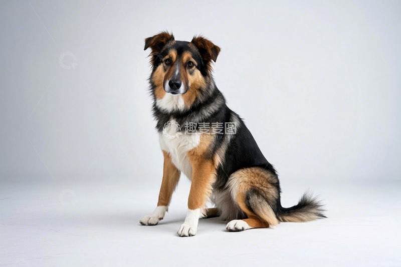 高清大图下载【趣麦麦图】坐立的三色毛发宠物狗