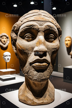 博物馆内古代石雕头像展品