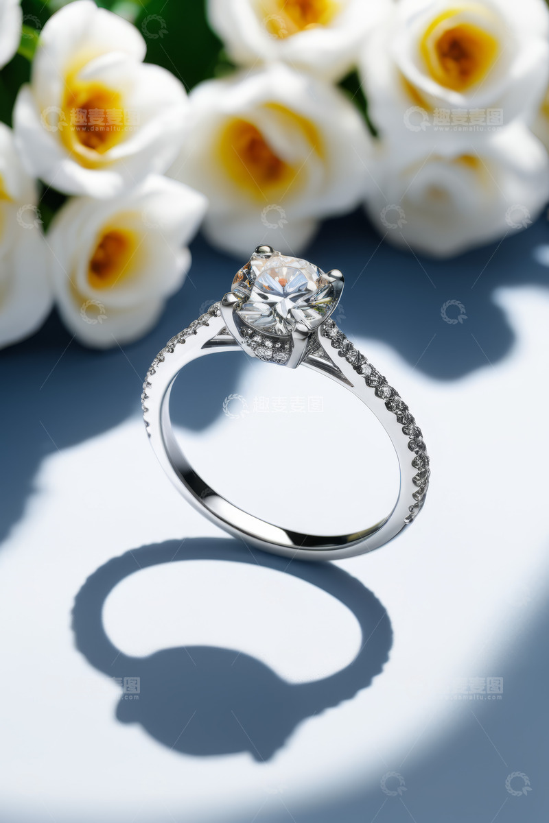 高清大图下载【趣麦麦图】钻石戒指与白玫瑰静物素材
