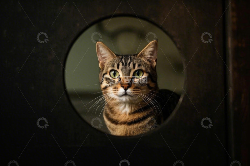 高清大图下载【趣麦麦图】透过圆孔张望的虎斑猫