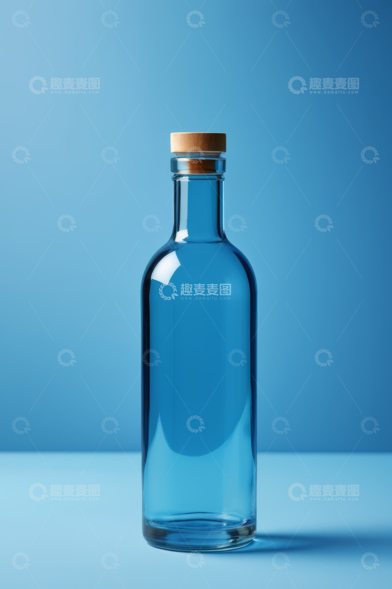高清大图下载【趣麦麦图】蓝色背景下的玻璃瓶装饮料