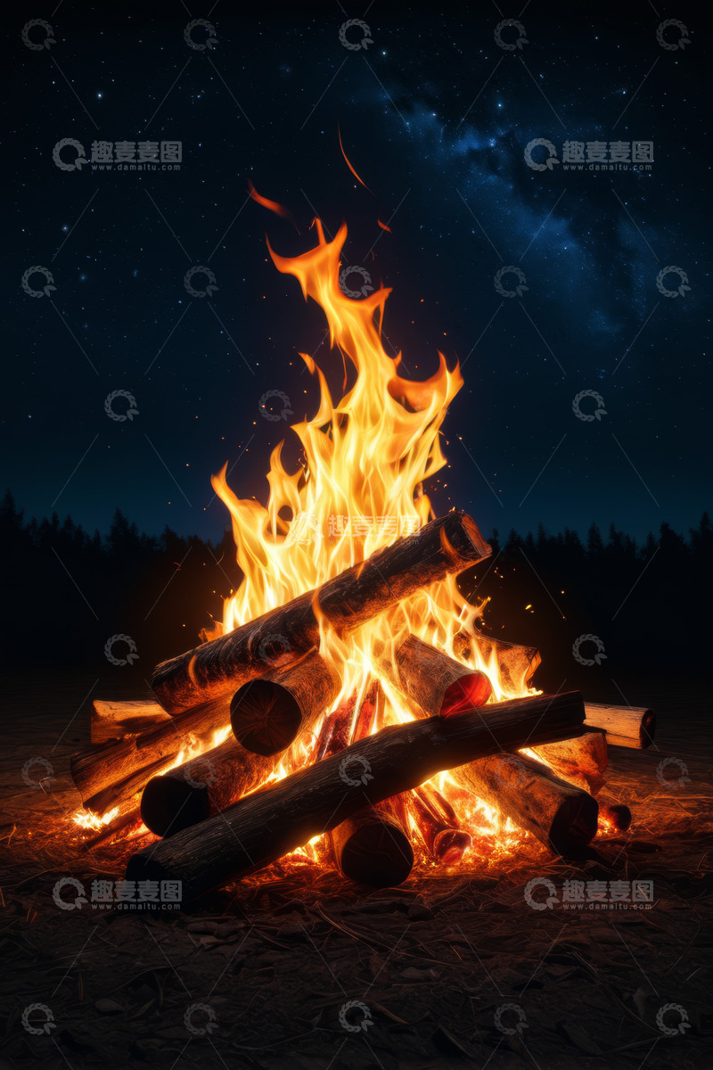 高清大图下载【趣麦麦图】夜晚星空下的篝火燃烧景象