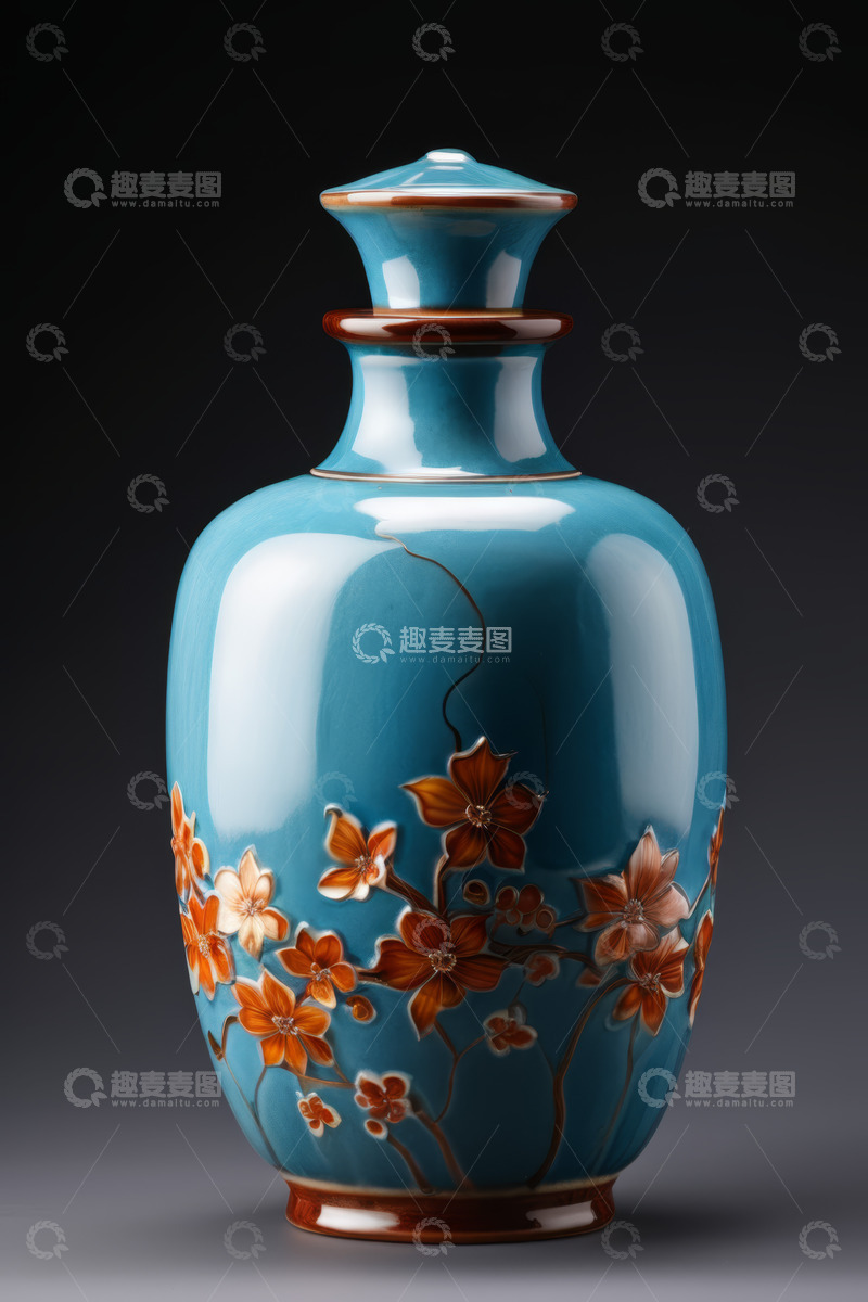 高清大图下载【趣麦麦图】蓝色花卉图案陶瓷花瓶