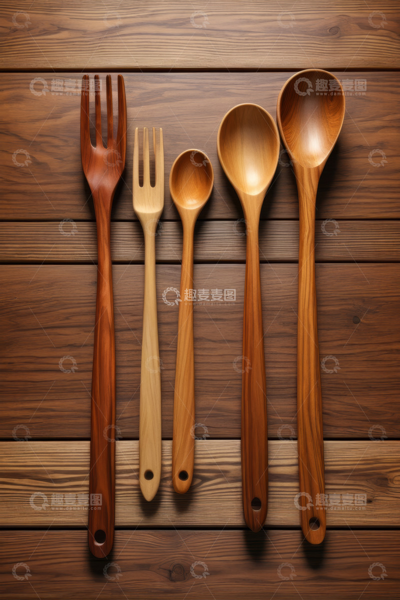 高清大图下载【趣麦麦图】木质餐具摆放在木桌上