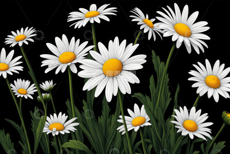 高清大图下载【趣麦麦图】黑色背景下绽放的白色雏菊