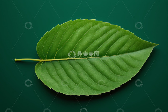 绿色背景上的单枚植物叶子