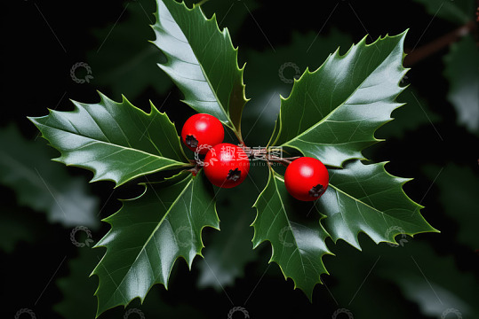 带红色浆果的绿色植物特写
