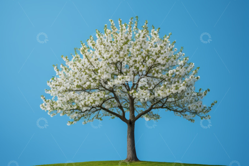 高清大图下载【趣麦麦图】蓝天下盛开白花的树木