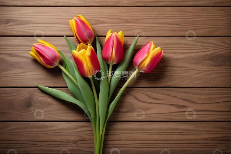 高清大图下载【趣麦麦图】木质背景上的红黄郁金香