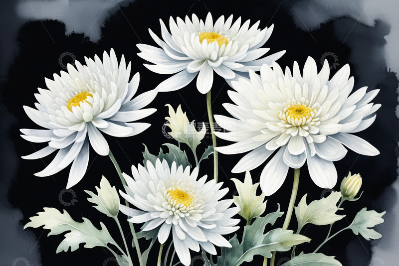 高清大图下载【趣麦麦图】白色菊花花卉插画