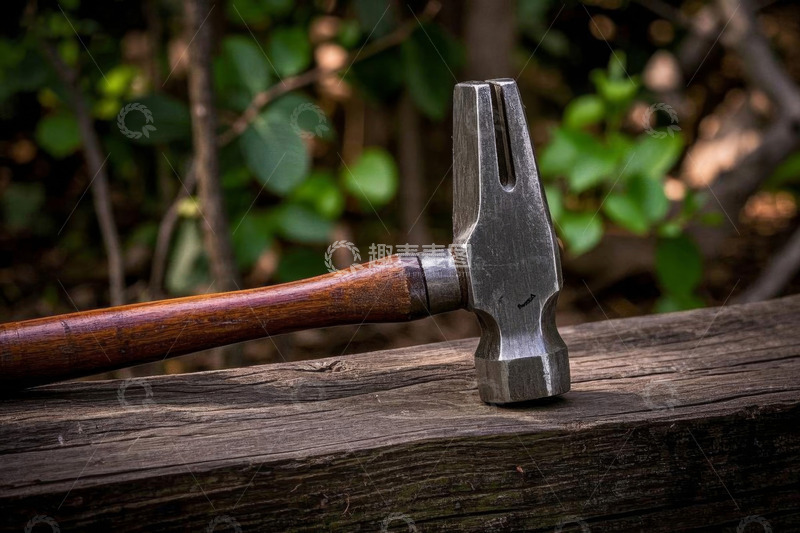 高清大图下载【趣麦麦图】木桌上的金属锤子特写