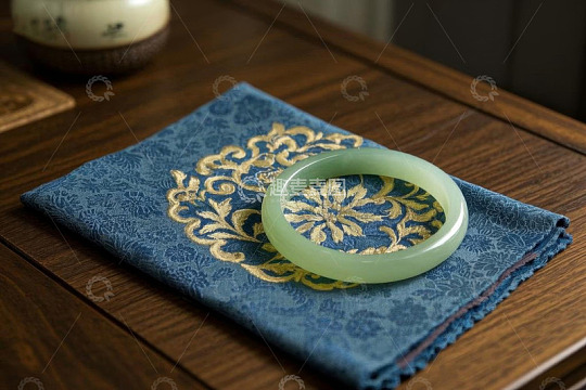 蓝布上的玉手镯静物展示