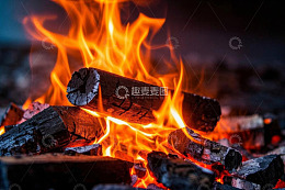 燃烧的篝火与木柴特写