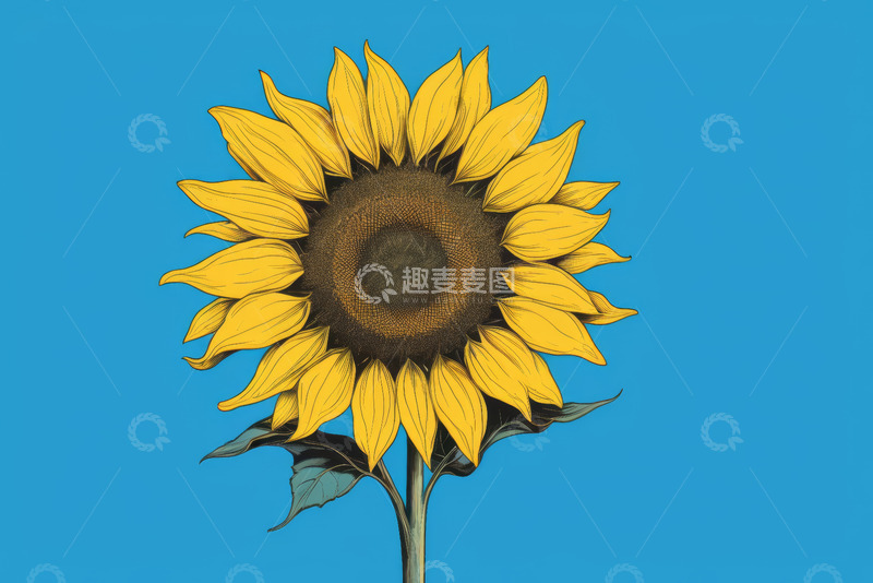 高清大图下载【趣麦麦图】蓝色背景上的单株向日葵