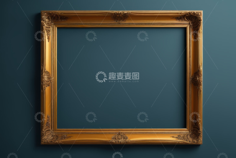 高清大图下载【趣麦麦图】金色装饰画框挂于深蓝墙面
