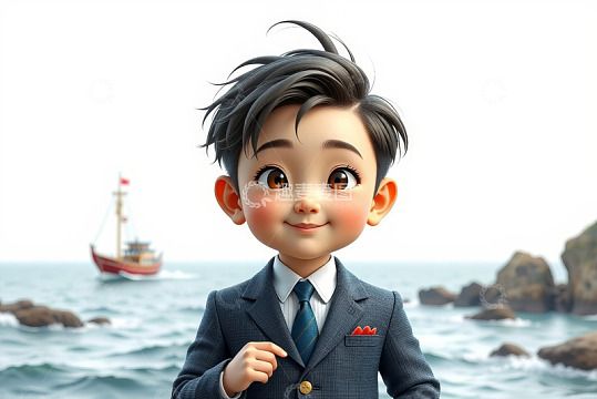 海边穿西装的卡通小男孩