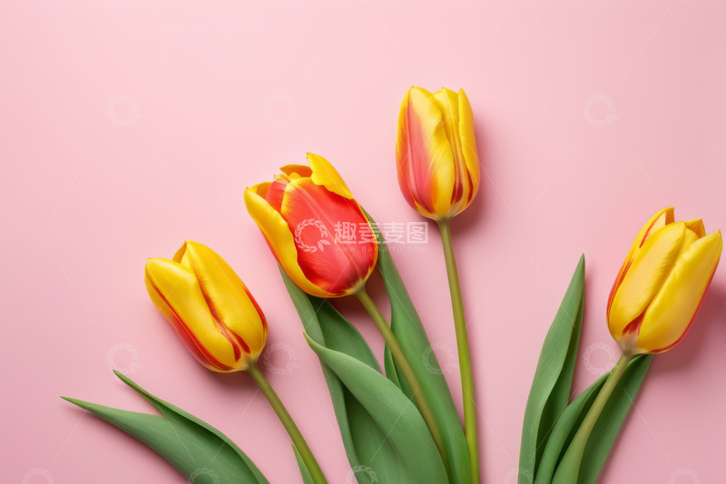 高清大图下载【趣麦麦图】粉色背景上的红黄相间郁金香