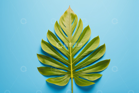 蓝色背景上的绿色热带植物叶子