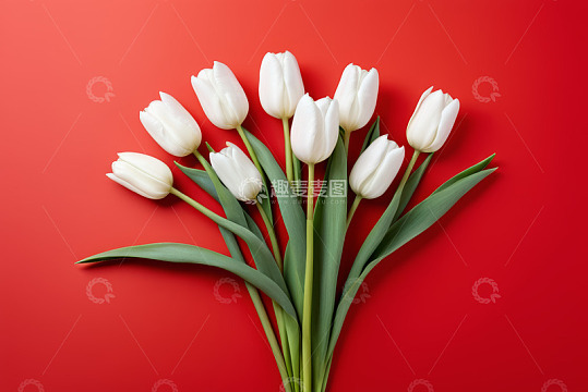 红色背景白色郁金香花束