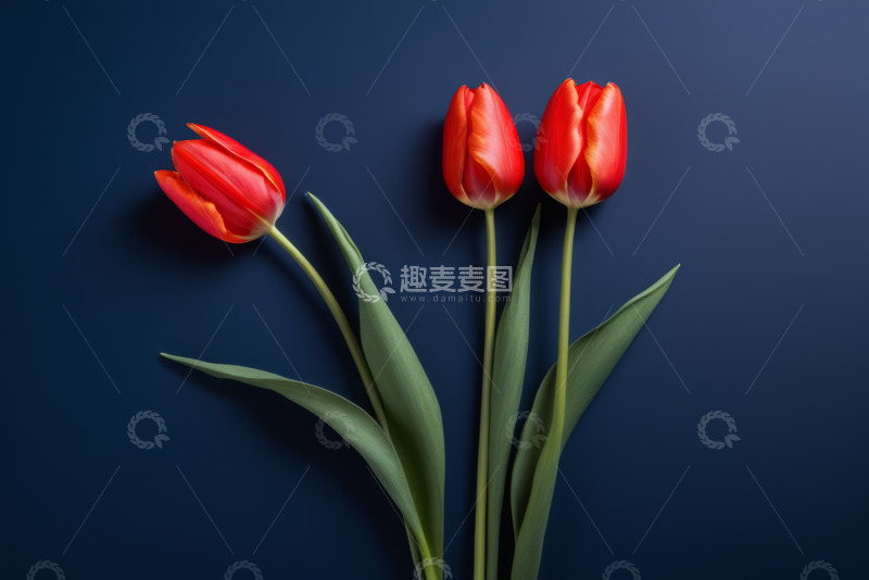 高清大图下载【趣麦麦图】蓝色背景下的红色郁金香