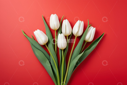 红色背景白色郁金香花束