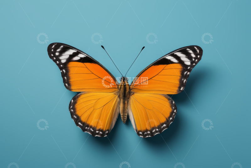 高清大图下载【趣麦麦图】蓝色背景上的橙黑蝴蝶