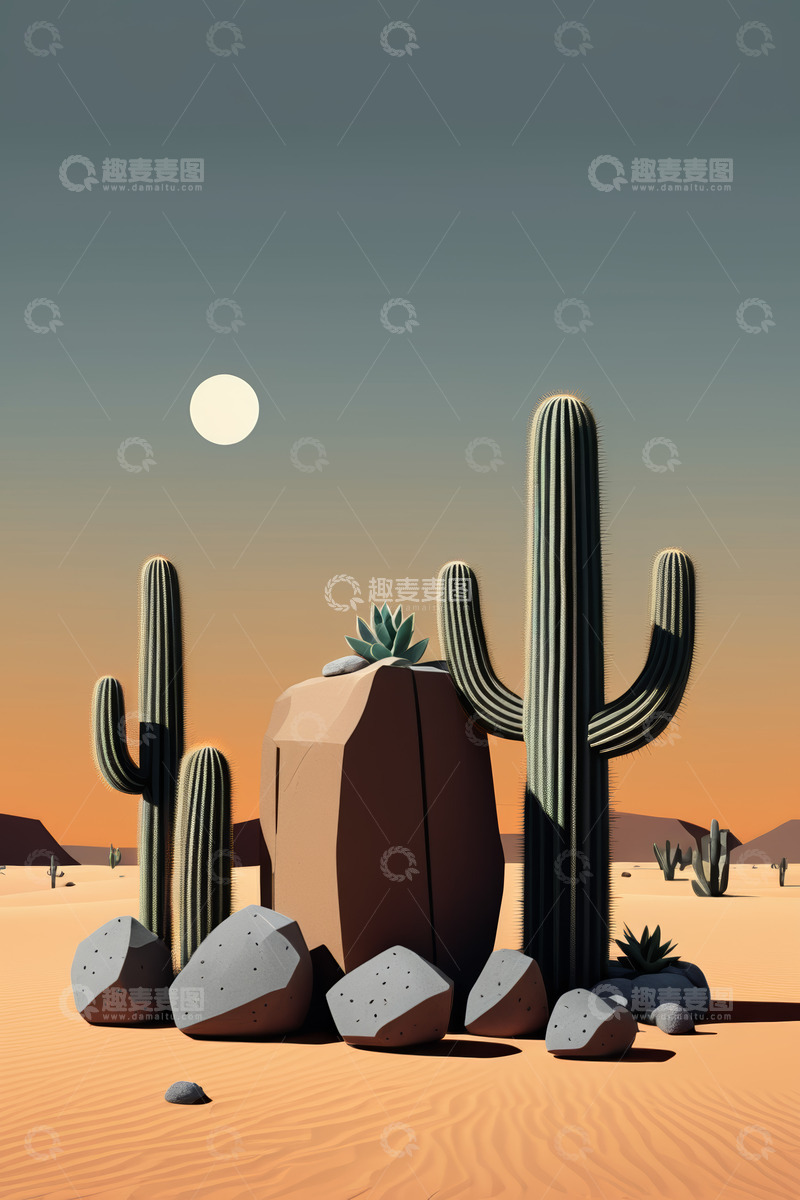 高清大图下载【趣麦麦图】沙漠中的仙人掌与岩石景观