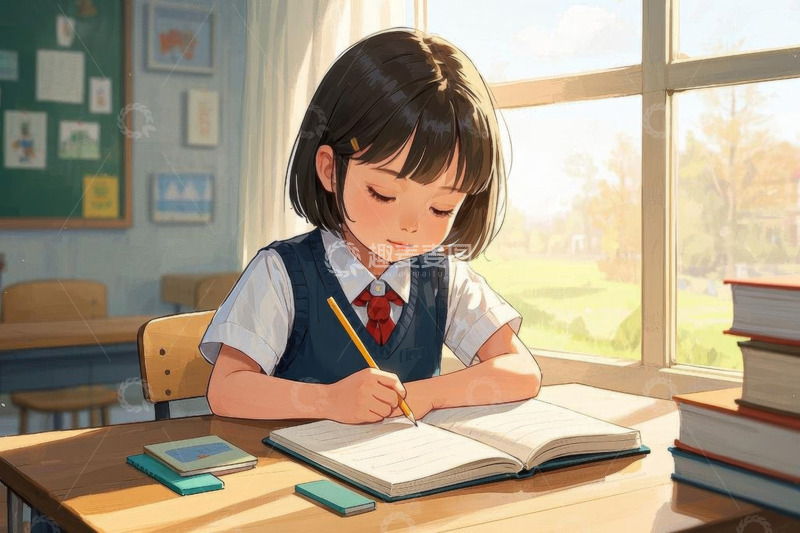 高清大图下载【趣麦麦图】教室中学习的小女孩
