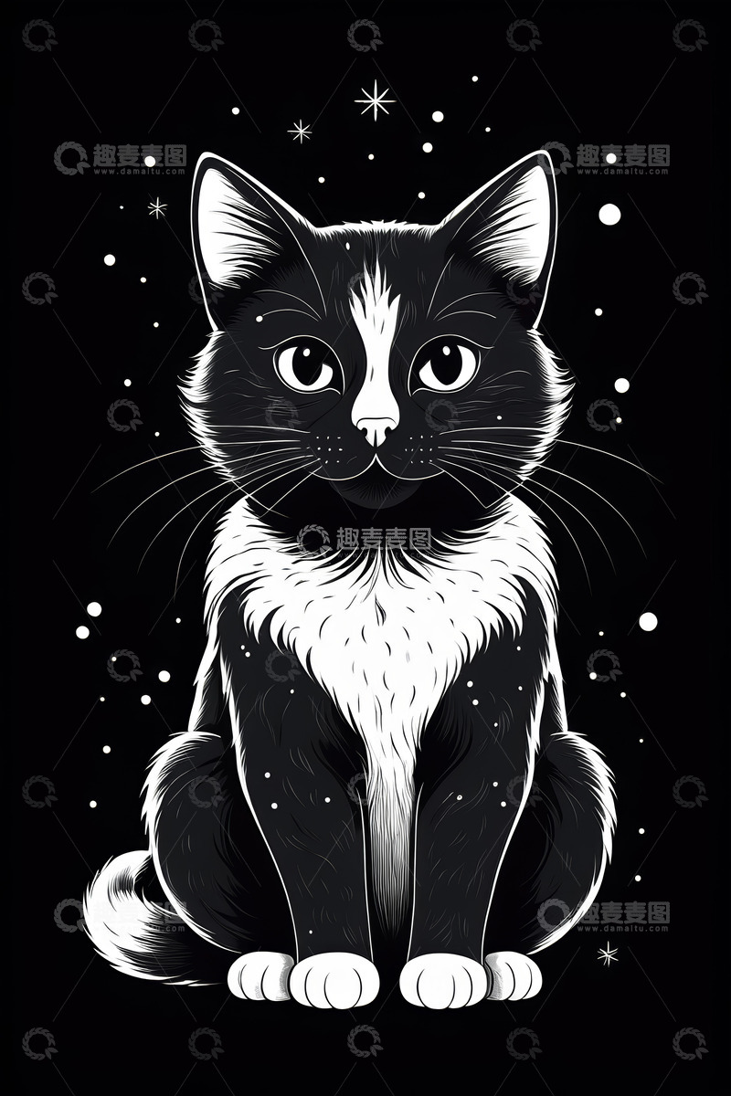 高清大图下载【趣麦麦图】黑白猫咪插画素材