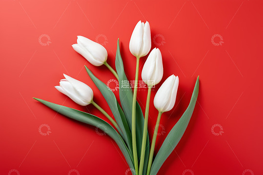 红色背景上的白色郁金香