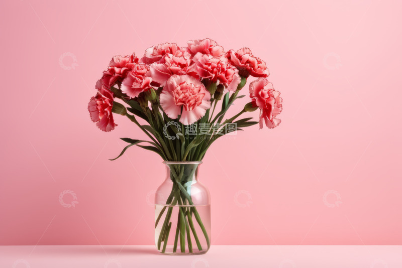 高清大图下载【趣麦麦图】粉色康乃馨花束插于玻璃瓶中