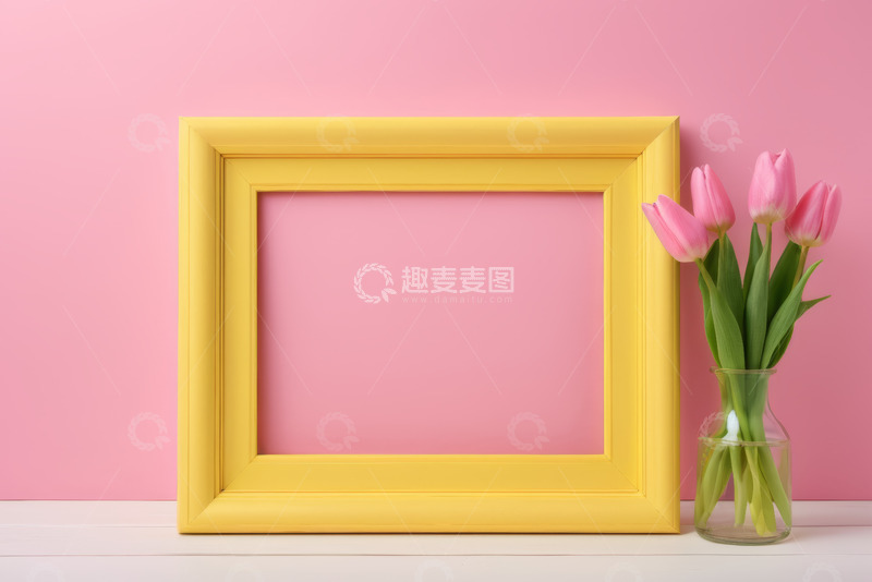 高清大图下载【趣麦麦图】粉色背景黄色相框与郁金香