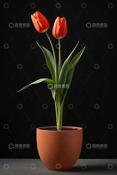 陶盆中两朵红色郁金香