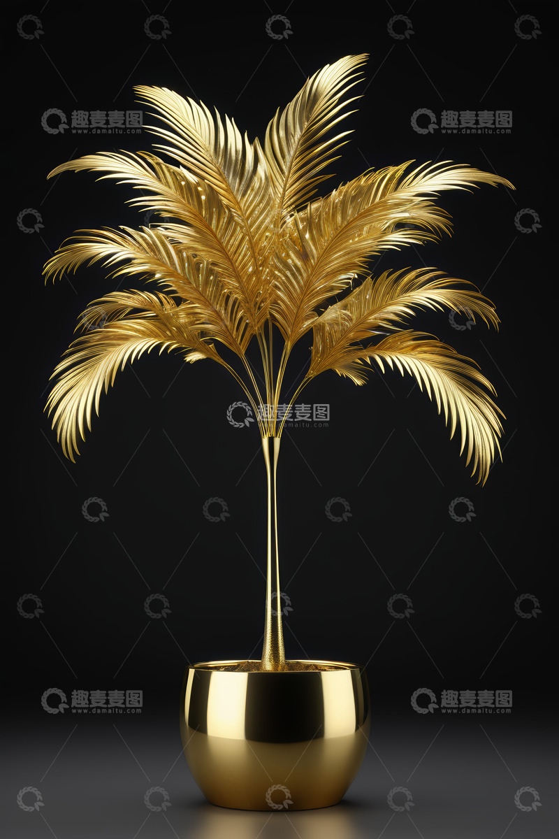 高清大图下载【趣麦麦图】金色盆栽棕榈树摆件
