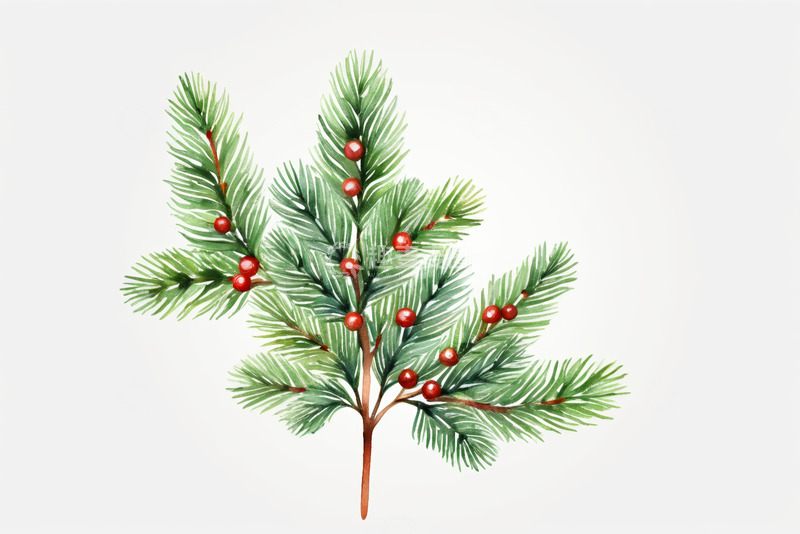 高清大图下载【趣麦麦图】手绘松枝配红色果实装饰素材