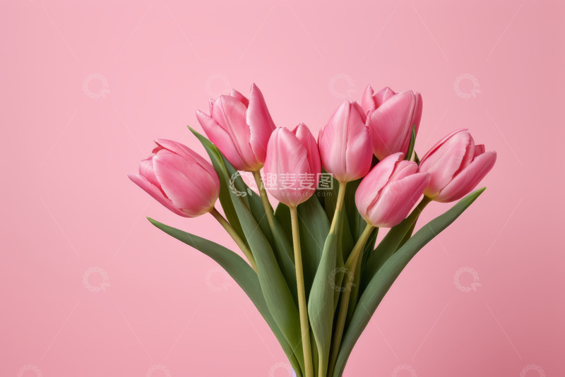 高清大图下载【趣麦麦图】粉色背景下的粉色郁金香花束