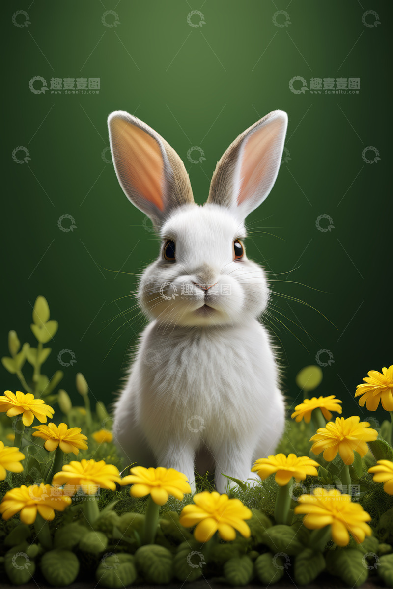 高清大图下载【趣麦麦图】白兔于花丛中静坐