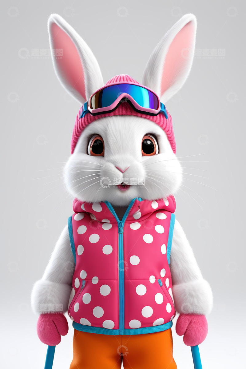 高清大图下载【趣麦麦图】卡通兔子滑雪装扮形象