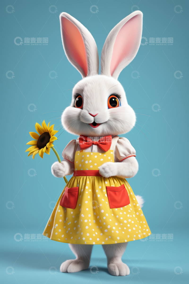 高清大图下载【趣麦麦图】手持向日葵的动画兔子形象