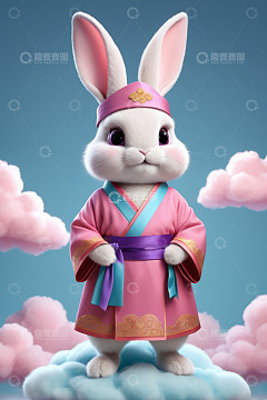 穿汉服的卡通兔子站在云端