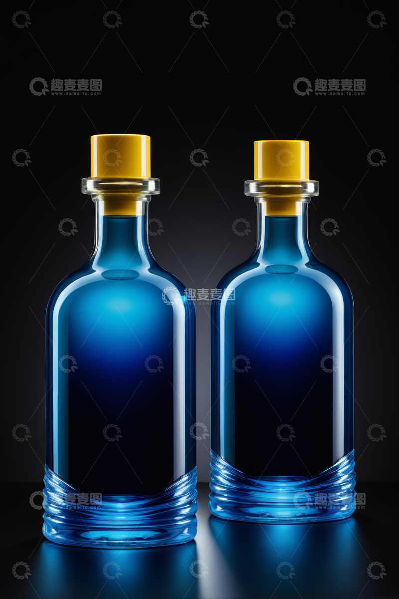 高清大图下载【趣麦麦图】两个蓝色玻璃饮料瓶特写