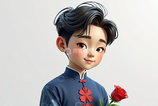 手持玫瑰的中式风格卡通男孩
