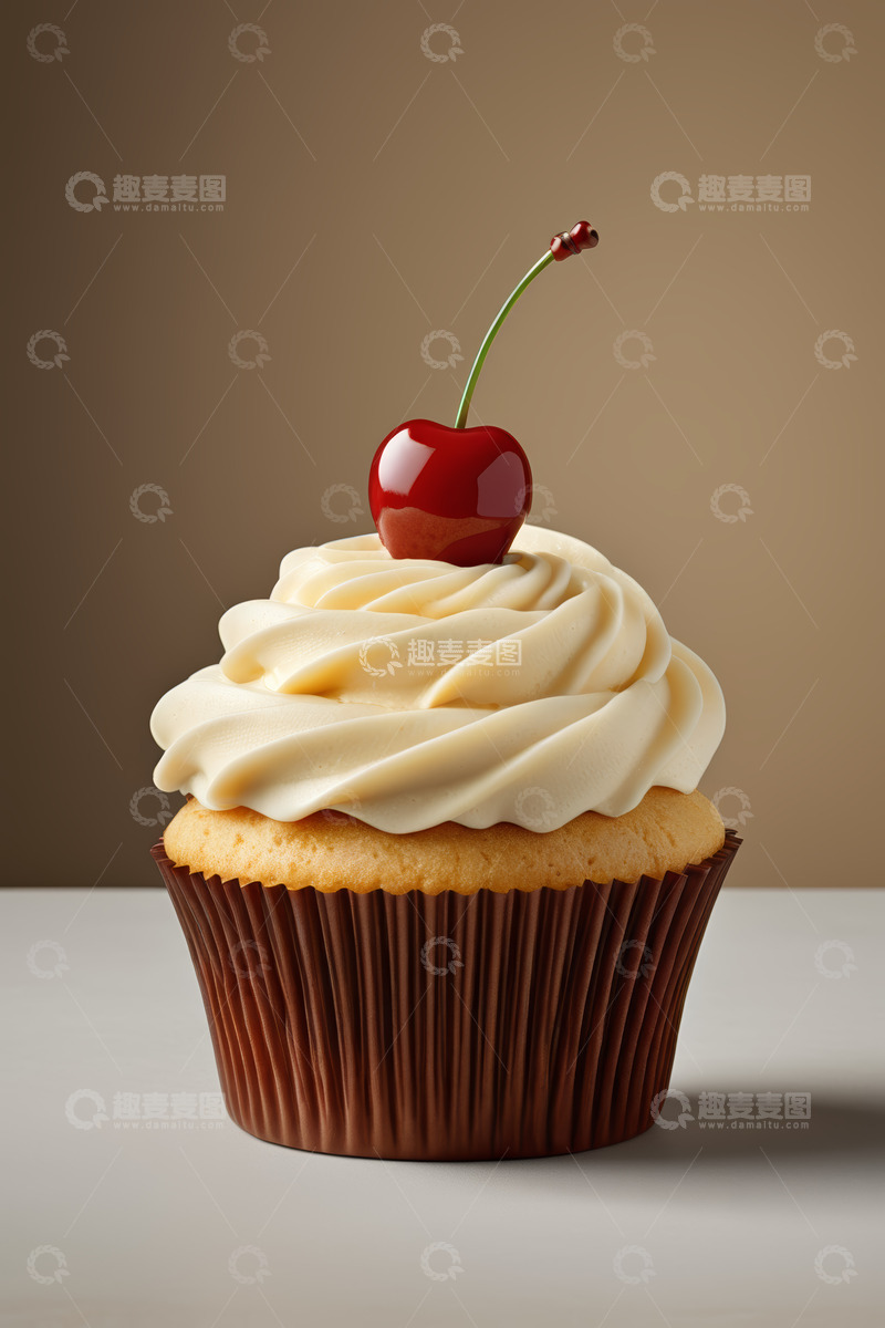高清大图下载【趣麦麦图】带樱桃装饰的纸杯蛋糕特写