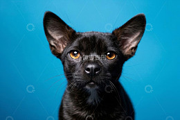 蓝色背景前的黑色小猫特写